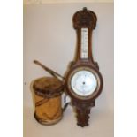 Carved oak barometer / thermometer, Malacca walking cane (lacking handle), bow with arrows and other