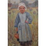 Modern British School oil on canvas board, portrait of a Dutch girl in a landscape, 13ins x 9ins