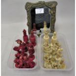 19th Century turned bone white and red stained chess set, and a modern Art Nouveau style brass