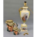 Two Royal Doulton Toby jugs and a Dresden style lamp base (at fault)