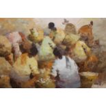 Alfredo Buenaventura, oil on canvas, figures in a market scene, signed, in a modern frame, 17.5ins x