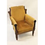 William IV rosewood and upholstered library chair, raised on turned and fluted front supports