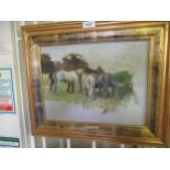 Oil sketch on canvas board, horses in a landscape, inscribed on frame plaque ' Lucy Kemp Welch ',