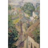 Josephine Ghilchik signed oil on canvas, inscribed verso ' Overlooking Cotswold Village ', 15.5ins