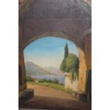 Pieter Van Unen, oil on canvas, view of a Continental lake and mountains through an archway, signed,