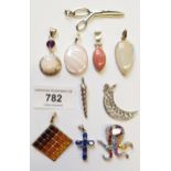 Group of ten various silver pendants set with various gem and semi precious stones
