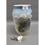 Royal Copenhagen vase decorated with a cottage in a landscape and two Royal Copenhagen figures of