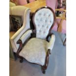 19th Century mahogany spoon back open armchair on cabriole front supports (for re-upholstery)