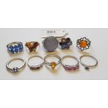 Group of ten various dress rings set gem and semi precious stones