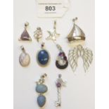 Group of ten various silver pendants set gem and semi precious stones