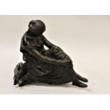 J. Pradier, 19th Century bronze brown patinated figure of Sappho seated beside a lyre, signed in the