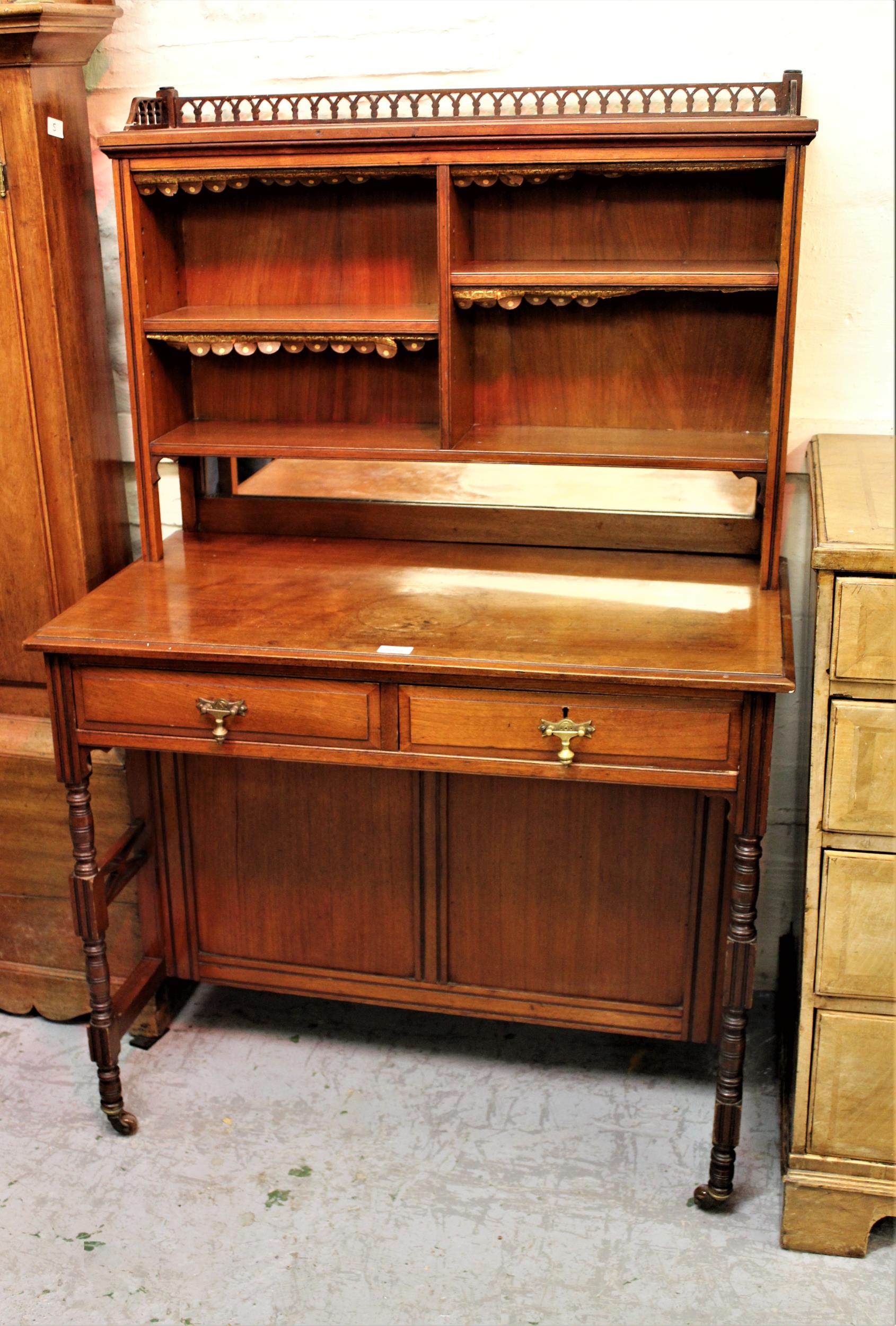 Small late 19th Century walnut Aesthetic side cabinet, the galleried top with open adjustable