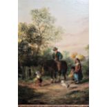 Attributed to Joseph Thors, oil on canvas, figures and a pony by a stile, 11.75ins x 10ins