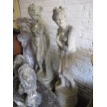 Pair of large weathered cast concrete garden figures of classical maidens, each on a circular plinth
