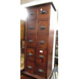 Small reproduction mahogany narrow chest of ten drawers, with brass cup handles. 16ins wide x
