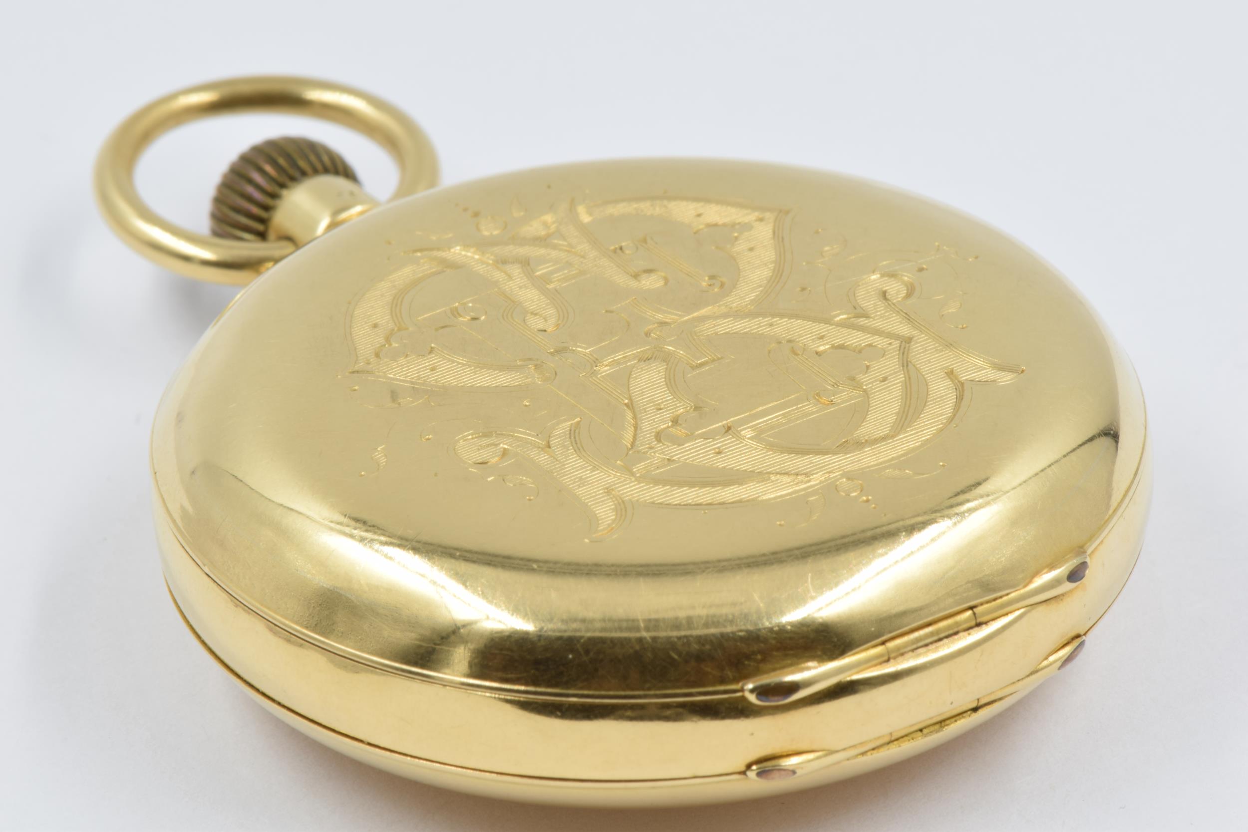 Early 20th Century 18ct gold cased crown wind half hunter pocket watch, the movement inscribed - Image 2 of 3