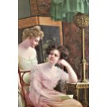 Late 19th / early 20th Century oil on canvas, an Edwardian interior scene with two ladies discussing
