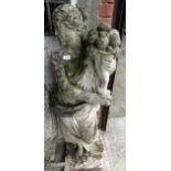 Well weathered cast concrete garden figure of a classical maiden holding a cornucopia, 48ins high