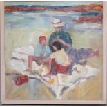 Modern British School oil on canvas, study of three figures on a beach, 11.5ins x 11.5ins