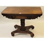 William IV mahogany D-shaped fold-over card table with baize lined interior and spiral turned carved