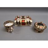 Royal Crown Derby circular trinket dish and cover (at fault), similar rectangular box and cover