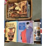 Two boxes containing a collection of various books related to ceramics, art and antiques