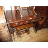 Reproduction mahogany drop-leaf sofa table on lyre shaped end supports, together with a set of
