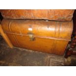 Large 19th Century metal faux wood painted dome top travel trunk with brass lock (lacking key),