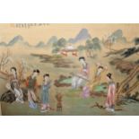 Pair of Chinese paintings on linen, figures in garden scenes, signed with character and red seal