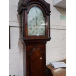 George III mahogany longcase clock, the broken arch hood above an arched panel door and conforming
