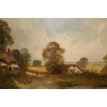 F. E. Jamieson signed oil on canvas, rural landscape with figures by cottages, 20ins x 30ins