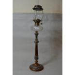 19th Century copper and metal (previously silver plated) oil lamp base with cut glass well, 36.