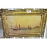 19th Century oil on millboard, mixed shipping off the coast at sunset, 7.5ins x 13ins