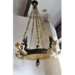 19th Century French dark patinated and gilt bronze five light chandelier, the ceiling rose mounted