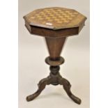 Victorian walnut and inlaid octagonal trumpet form work table, the hinged lid with chessboard