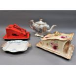 Victorian floral decorated teapot on stand, and two cheese dishes and covers