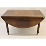 Large 19th Century oval mahogany drop-leaf dining table, raised on turned fluted supports with brass