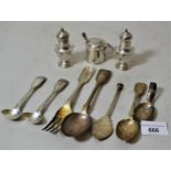 Three various silver condiments, pair of fiddle, thread and shell pattern condiment spoons and a