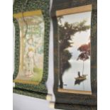 Set of four Japanese scroll pictures, three of women in costume and one of a fisherman in boat,