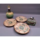 Continental Majolica pineapple form carafe with cover, a pottery dish, the cover mounted with a bird