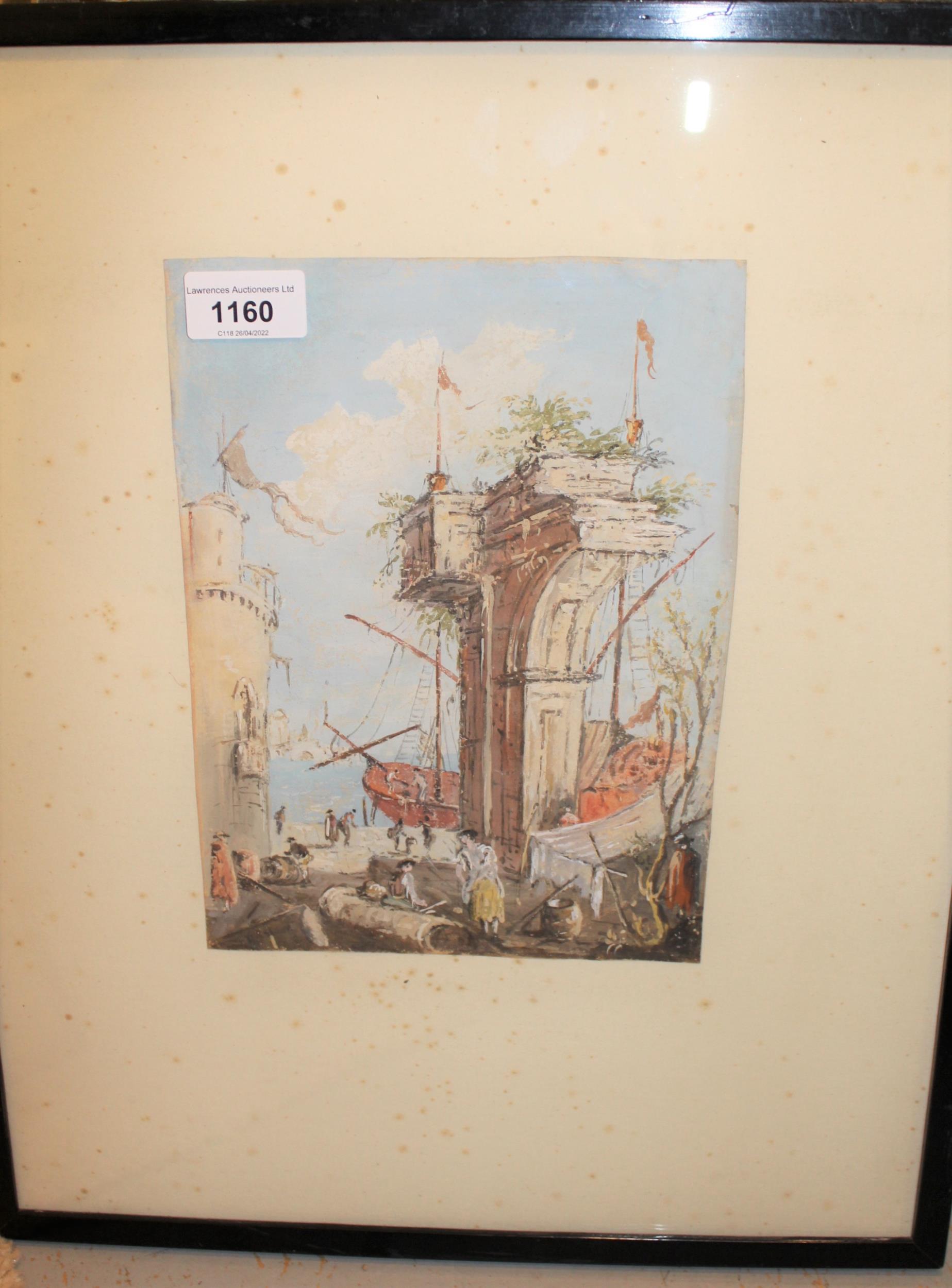 In the manner of Francesco Guardi, an antique gouache painting, Capriccio of a Venetian port, 9.5ins - Image 2 of 2