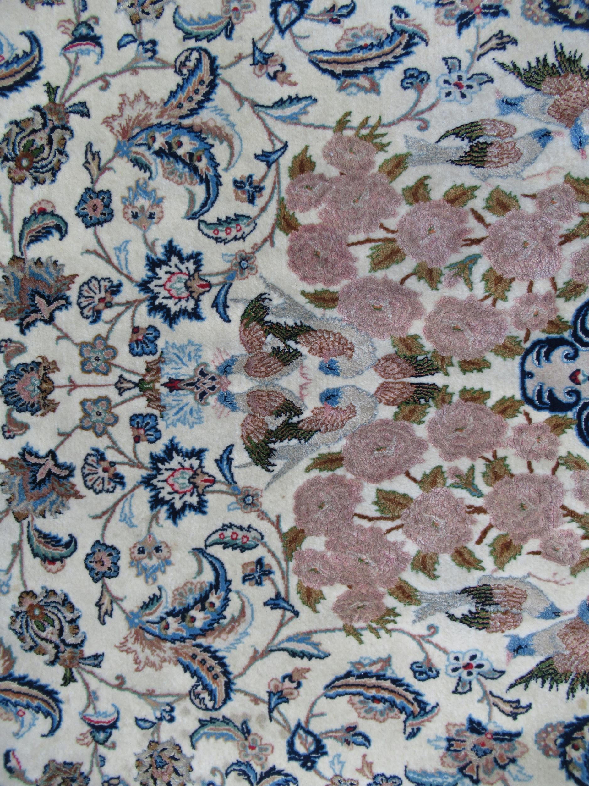 Isfahan part silk rug with a medallion, pictorial and all-over floral design on an ivory ground with - Image 11 of 13