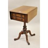 19th Century mahogany drop-leaf work table having two side drawers with knob handles, on turned