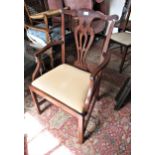 19th Century mahogany pierced splat back open elbow chair with drop-in seat on square chamfered