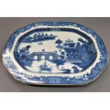 19th Century English blue and white transfer printed meat plate with river landscape decoration,