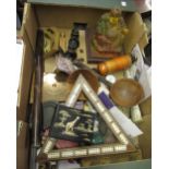 Box containing a quantity of various miscellaneous items including a miniature pewter platter,