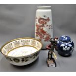 Modern Coalport bowl, Billy Waters figure, modern oriental porcelain vase and a blue and white