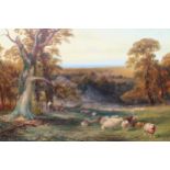 George Vicat Cole, oil on canvas, an extensive landscape with sheep and other figures to the