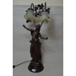 20th Century bronzed figural table lamp in the form of a classical female having yellow and clear