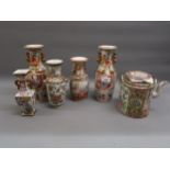 Five various Canton famille rose vases and a similar teapot Various damages as shown in photos